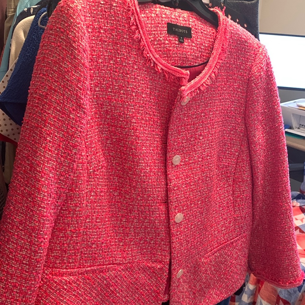NWOT Talbots Sz 16 Hot Pink White Tweed 3/4 Peplum Blazer Jacket Preppy Office